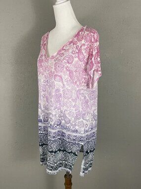 J Jill Love Linen Tunic Top Size M Pink Blue Paisley Soft Knit Short Sleeve